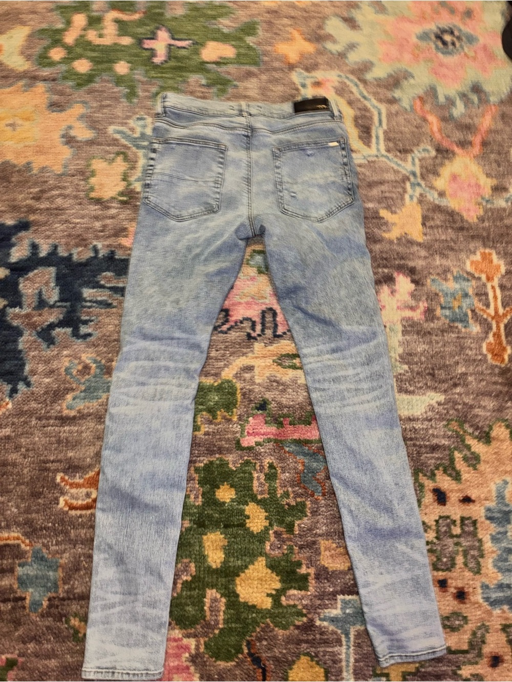 AMIRI Light Blue Distressed Skinny Jeans with Multicolor Bandana Patchwork - Picture 5 of 5